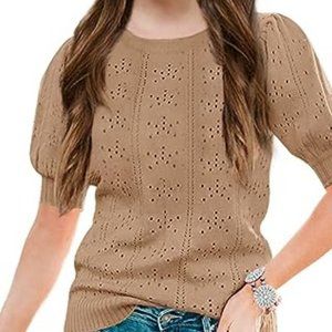 Girls' Puff Short Sleeve Sweaters Crewneck Hollow Out Knit Pullover